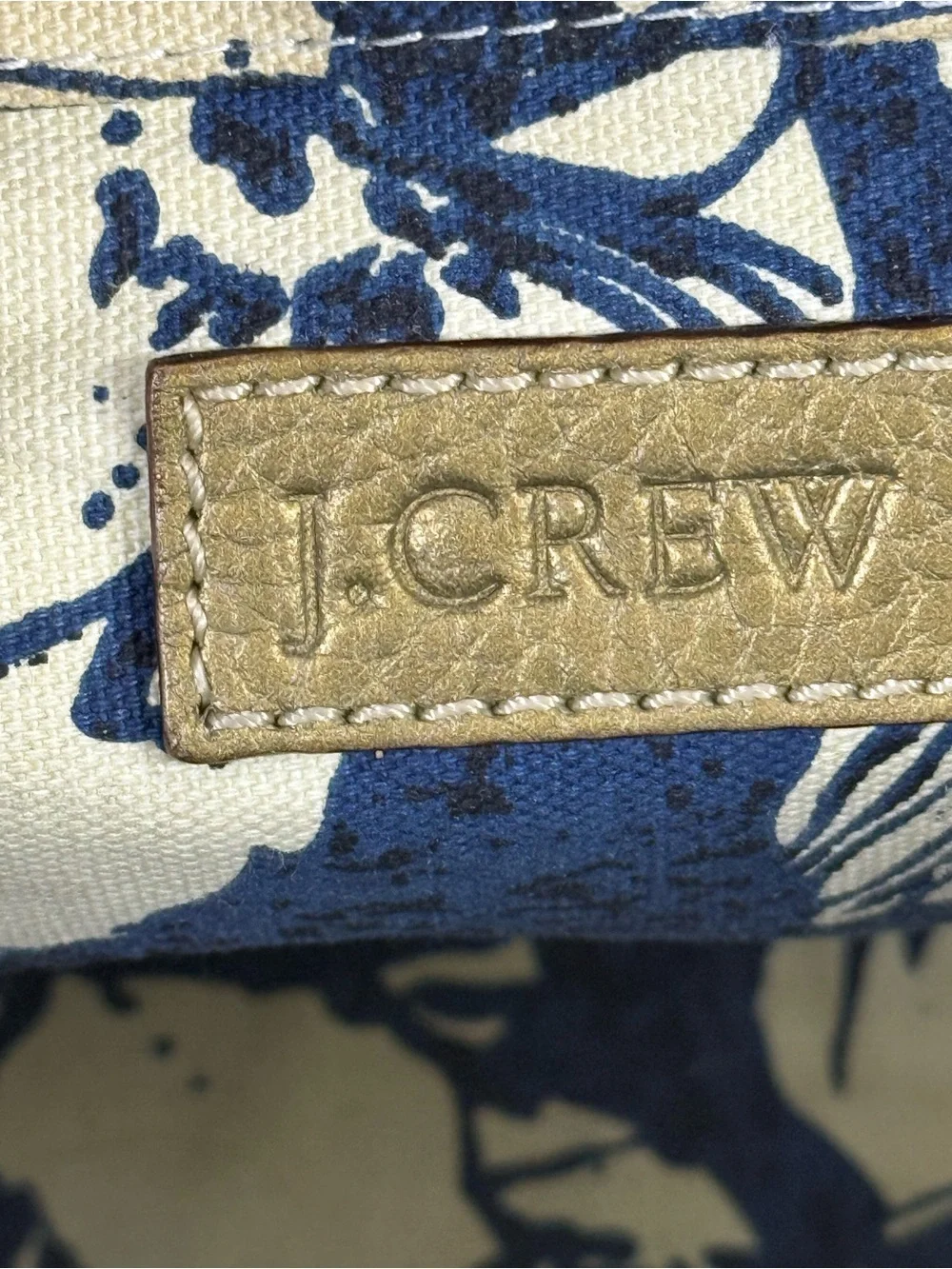 J. Crew Straw Tote with Metallic Gold Trim and Navy Interior